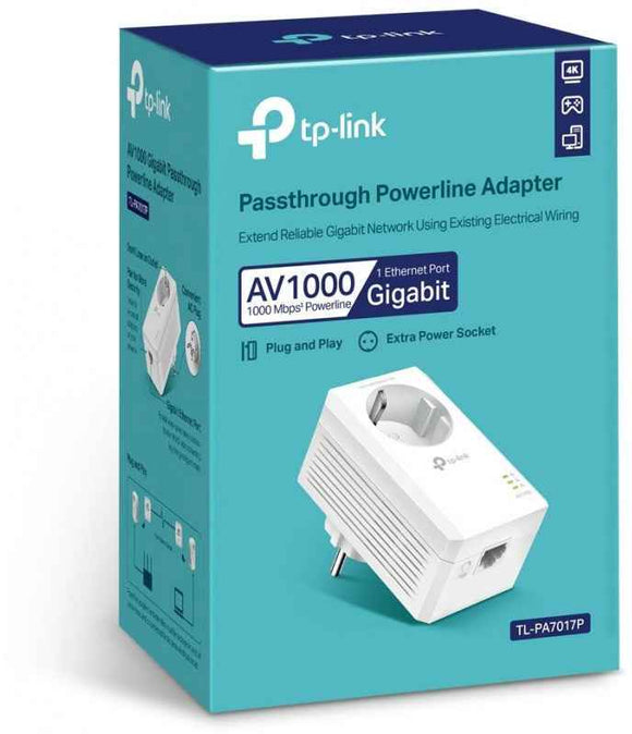TP-LINK | AV1000 Gigabit Passthrough Powerline Adapter | TL-PA7017P | 1000 Mbit/s | Ethernet LAN (RJ-45) ports 1 | No Wi-Fi | Extra socket