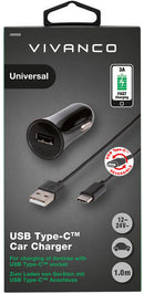 Chargeur de voiture vivanco usb-c 3a 1 m noir 38669