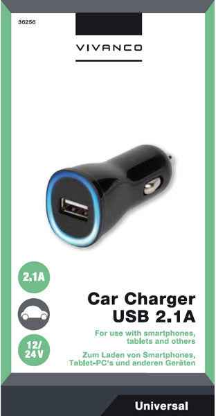 Chargeur de voiture Vivanco USB 2.1A, noir (36256)
