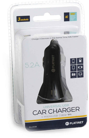 Platinet PLCR3B 12/24V IC Car Charger 3x USB + Micro USB Cable 1m
