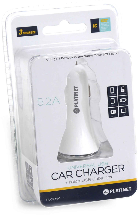 Chargeur voiture Platinet + câble 3xUSB 5200mA, blanc (43722)