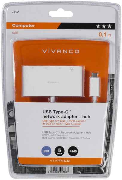 Adaptateur Vivanco USB-C - LAN + hub 3 ports (45388)