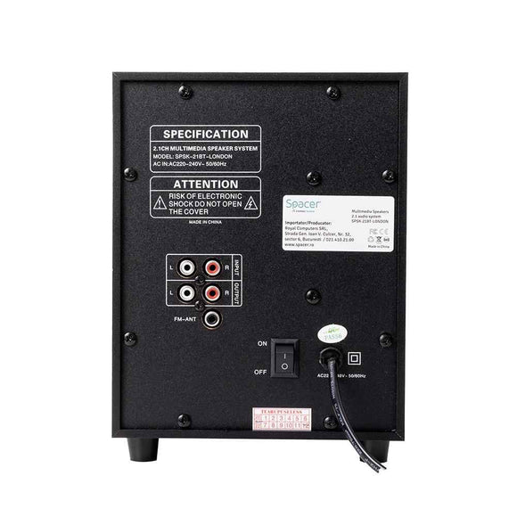BOXE SPACER 2.1, RMS: 20W (2 x 5W + 10W), control volum, bass, subwoofer lemn MDF, 220V alimentare, USB/FM/RCA, black, "SPSK-21BT-LONDON" (timbru verde 4.00 lei)