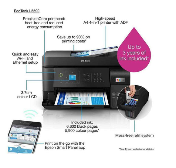 Multifunctional Inkjet CISS Color Epson L5590, A4, Functii:Impr|Scan|Cop|Fax,Viteza Print Mono:33ppm,Viteza Print color:15ppm,Conectiv:USB|Retea|Wi-Fi,Duplex:,ADF:Da, (Timbru Verde 23lei) "C11CK57403"(RAPO)