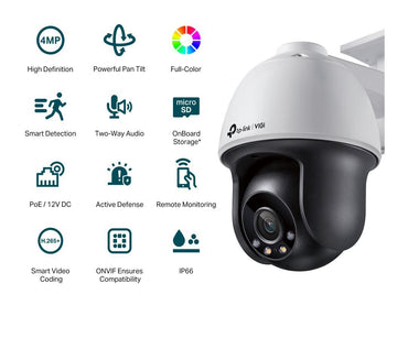 TP-LINK | VIGI 4MP Outdoor Full-Color Pan Tilt Network Camera | VIGI C540 | month(s) | Dome | 4 MP | 4 mm | IP66 | H.265+/H.265/H.264+/H.264 | MicroSD