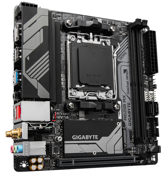 Gigabyte | A620I AX 1.0 | Processor family AMD | Processor socket AM5 | DDR5 DIMM | Supported hard disk drive interfaces SATA, M.2 | Number of SATA connectors 2