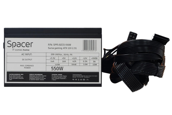 Sursa spacer bzco-550 compatible 80+ bronze 550 w ventilateur 120 mm 2x pci-e 6+2 6x s-ata 2x p8 4+4  spps-bzco-550  tampon vert 2 lei