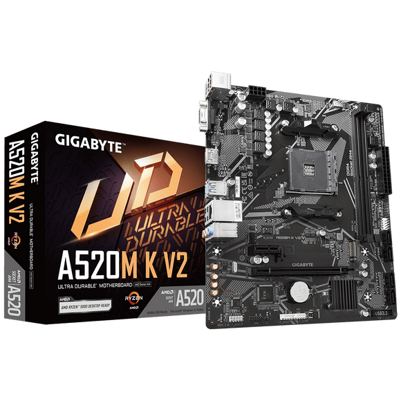 GIGABYTE A520M K V2 Motherboard - Supports AMD Ryzen 5000 Series AM4 CPUs, up to 5100MHz DDR4 (OC), PCIe Gen3 x4 M.2, GbE LAN, USB 3.2 Gen 1