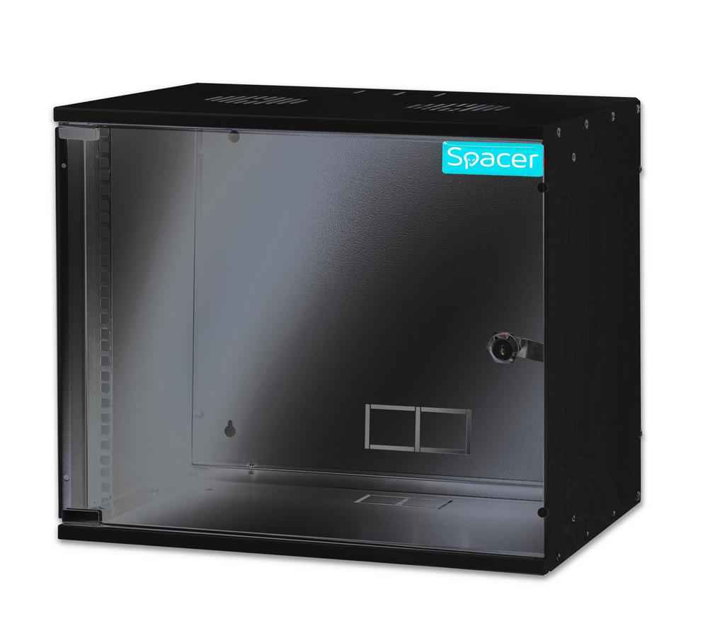 Armoire 19" 9U 515 x 400 mm, montage mural, démontable, noire, porte vitrée avec serrure, acier 1,5 mm, charge maximale 100 kg, « SPCW-9U-BK »