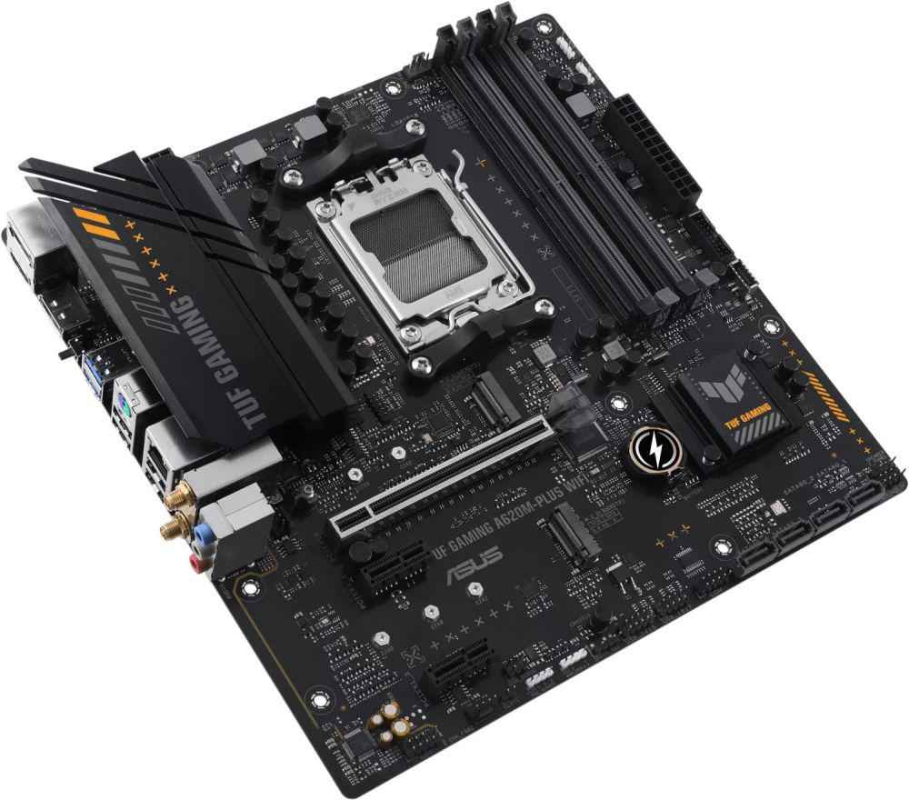 Asus | TUF GAMING A620M-PLUS WIFI | Famille de processeurs AMD | Socket AM5 | DDR5 DIMM | Emplacements mémoire : 4 | Interfaces de disque dur prises en charge : SATA, M.2 | Nombre de connecteurs SATA : 4 | Chipset AMD A620 | Micro-ATX