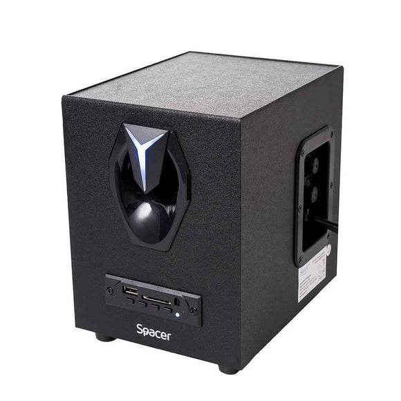 BOXE SPACER Gaming 2.1, RMS: 14W (2 x 3W + 8W), bluetooth, telecomanda wireless, control volum, bass, subwoofer lemn MDF, 220V alimentare, 3 x LED, USB/SD/AUX/radio FM, black, "SPGS-HURRICANE-BT" (timbru verde 2.00 lei)