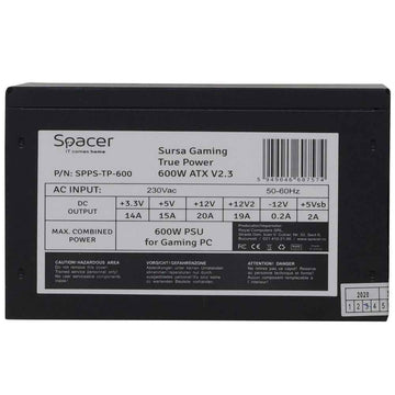 SURSA SPACER True Power TP600 (600 W pour PC GAMING 600 W), PFC actif, ventilateur 120 mm, 20 + 4 x 1 carte mère, 4 + 4 x 1 processeur, 2 PCI-E 6 + 2 x 2, 5 SATA, boîte de vente au détail, « SPPS-TP-600 », (timbre vert 2 lei)