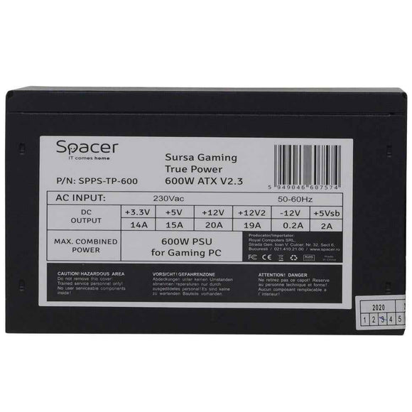 SURSA SPACER True Power TP600 (600 W pour PC GAMING 600 W), PFC actif, ventilateur 120 mm, 20 + 4 x 1 carte mère, 4 + 4 x 1 processeur, 2 PCI-E 6 + 2 x 2, 5 SATA, boîte de vente au détail, « SPPS-TP-600 », (timbre vert 2 lei)