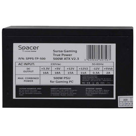 SURSA SPACER True Power TP500 (500W for 500W GAMING PC), PFC activ, fan 120mm, MB 20+4 x 1, CPU 4+4 x 1, PCI-E 6+2 x 2, SATA x 5, retail box, "SPPS-TP-500", (timbru verde 2 lei)