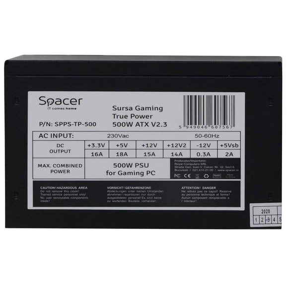 SURSA SPACER True Power TP500 (500 W pour PC GAMING 500 W), PFC actif, ventilateur 120 mm, carte mère 20+4 x 1, processeur 4+4 x 1, PCI-E 6+2 x 2, SATA x 5, boîte de vente au détail, « SPPS-TP-500 », (timbre vert 2 lei)