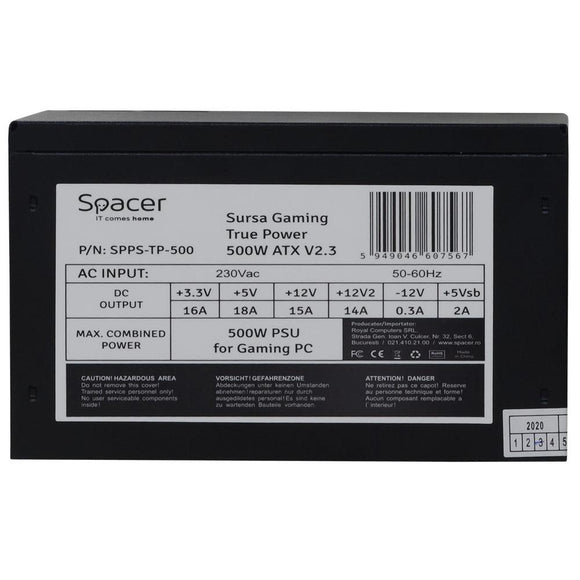 SURSA SPACER True Power TP500 (500 W pour PC GAMING 500 W), PFC actif, ventilateur 120 mm, carte mère 20+4 x 1, processeur 4+4 x 1, PCI-E 6+2 x 2, SATA x 5, boîte de vente au détail, « SPPS-TP-500 », (timbre vert 2 lei)