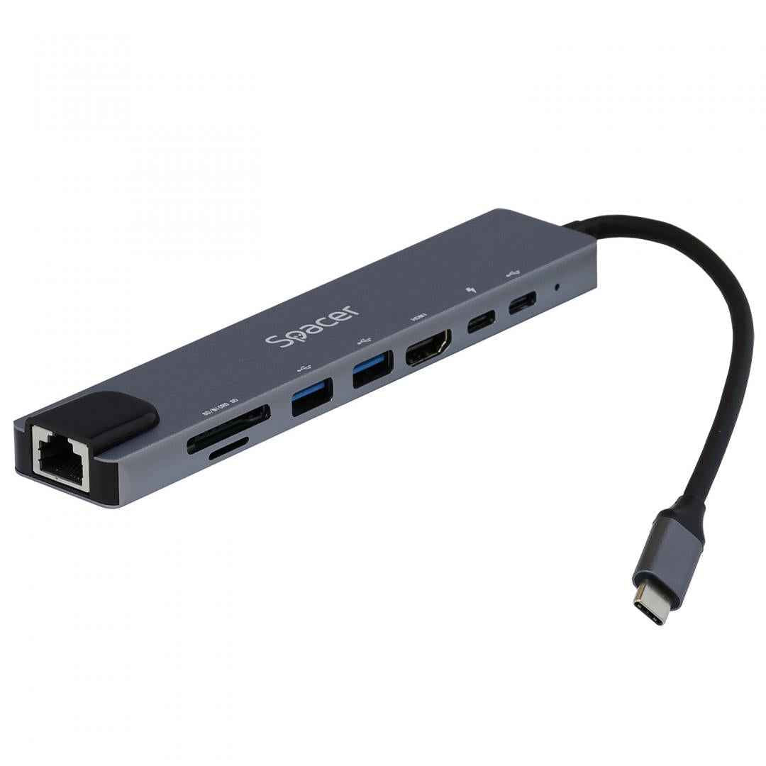 DOCKING Station Spacer universal 8 in 1, conectare Type-C, USB 3.0 x 2|USB Type C x 1|PD 87W x 1|HDMI x 1 4K (30Hz)|RJ-45 (1000Mb/s)| SD Cardx1| TF (MicroSD)x1, Gri, Aluminiu, "SPDS-TypeC-CHUPSG-8in1" (timbru verde 0.18 lei)