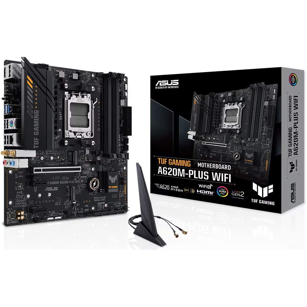 Asus  tuf gaming a620m-plus wifi  famille de processeurs amd  socket am5  ddr5 dimm  emplacements mémoire : 4  interfaces de disque dur prises en charge : sata m.2  nombre de connecteurs sata : 4  chipset amd a620  micro-atx