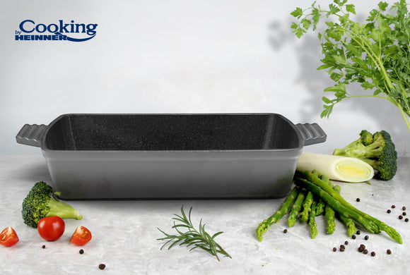 PLATEAU EN FONTE ÉMAILLÉE. 33x23x7 CM, GRIS MARBRE