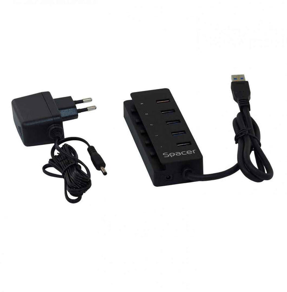 Hub externe SPACER, ports USB : USB 3.0 x 4, port de charge rapide USB x 1, connexion via USB 3.0, alimentation secteur 220 V, noir, « SPH-4USB30-1QC » (tampon vert 0,8 lei)