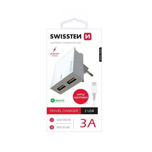 Swissten Premium Travel Charger 2x USB 3А / 15W With Lightning Cable 1.2m