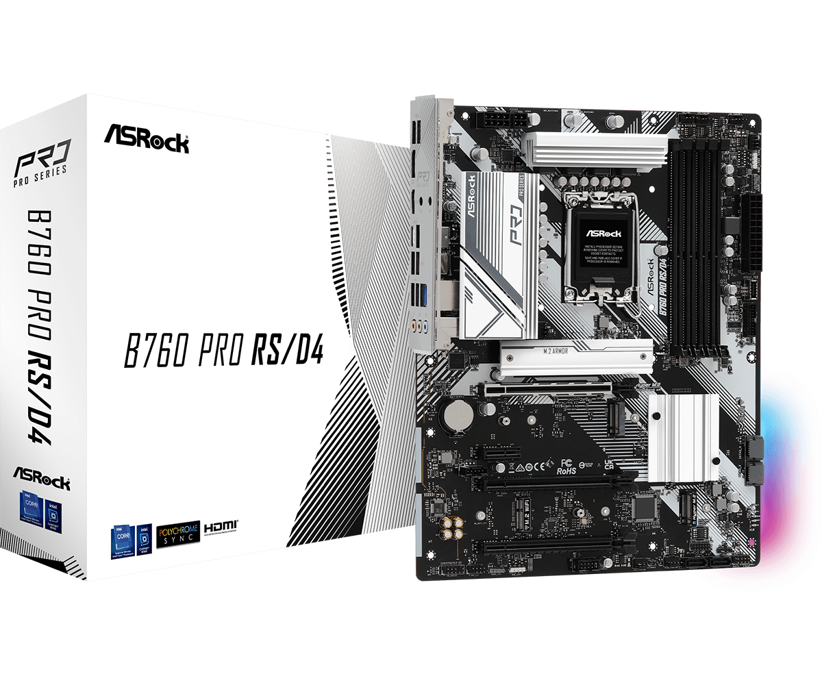 Asrock mb desktop b760 pro rs s1700 4x ddr4 2x pcie 4.0 x16 1x pcie 3.0 x16 1x pcie 3.0 x1 2x hyper m.2 pcie gen4x4 1x m.2 pcie gen4x2 4x sata3 2x usb-c 7x usb 3.2 4x usb 2.0 1x rj-45 25 go 1x hdmi 1x dp atx - 0