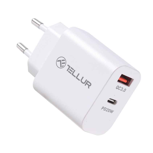 Chargeur mural double port Tellur PDHC PD 20 W + QC3,0 18 W Blanc