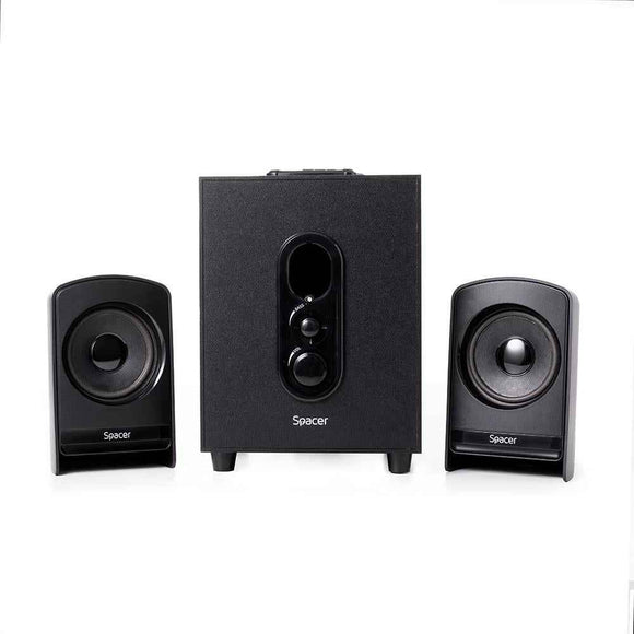 BOXE SPACER 2.1, RMS: 20W (2 x 5W + 10W), control volum, bass, subwoofer lemn MDF, 220V alimentare, USB/FM/RCA, black, "SPSK-21BT-LONDON" (timbru verde 4.00 lei)