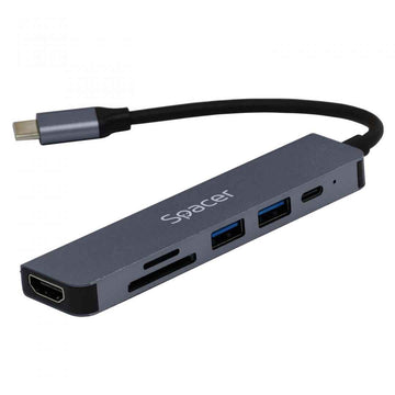 Station d'accueil universelle 6 en 1, connecteurs Type-C, USB 3.0 x 2 | PD 3.0 x 1 (87 W), ports vidéo HDMI x 1, 4K (30 Hz), carte SD x 1, TF (carte MicroSD) x 1, gris, aluminium, « SPDS-TypeC-HUPS-6in1 » (verre vert 0,18 lei)