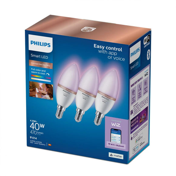 Lot de 3 ampoules intelligentes philips 40 w c37 e14 wiz app