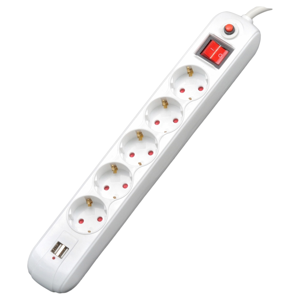 PRELUNGITOR SPACER, Schuko x 5, conectare prin Schuko (T), USB x 2, cablu 1.8 m, 16 A, max. 3500W, protectie supratensiune, alb, 45506867 "PP-5-18 USB" (timbru verde 0.18 lei)