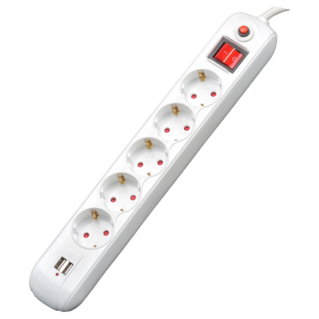 PRELUNGITOR SPACER, Schuko x 5, conectare prin Schuko (T), USB x 2, cablu 1.8 m, 16 A, max. 3500W, protectie supratensiune, alb, 45506867 "PP-5-18 USB" (timbru verde 0.18 lei)