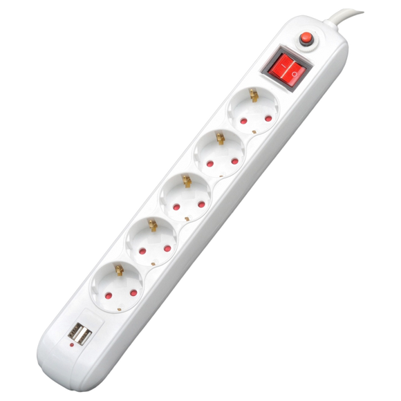 PRELUNGITOR SPACER, Schuko x 5, conectare prin Schuko (T), USB x 2, cablu 1.8 m, 16 A, max. 3500W, protectie supratensiune, alb, 45506867 "PP-5-18 USB" (timbru verde 0.18 lei)