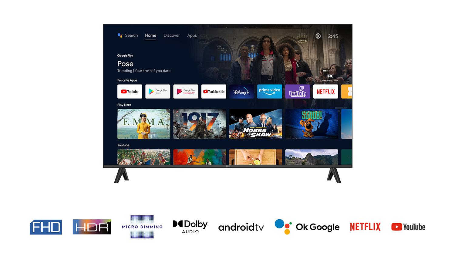 Téléviseur tcl s54 40s5400a 1016 cm 40" full hd smart tv wi-fi argent