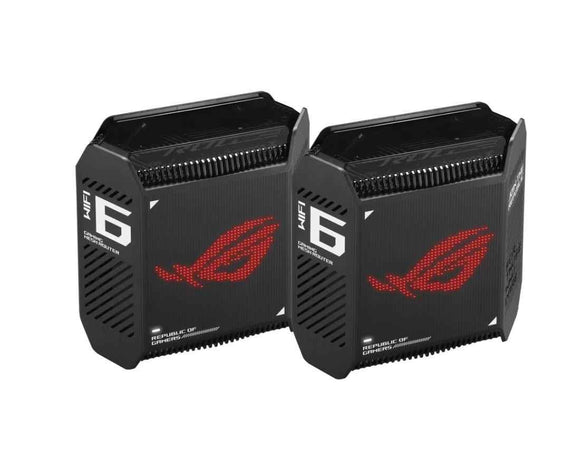 Wifi 6 802.11ax Tri-band Gigabit Gaming Mesh System | GT6 ROG Rapture (2-Pack) | 802.11ax | 574+4804+4804 Mbit/s | 10/100/1000 Mbit/s | Ethernet LAN (RJ-45) ports 3 | Mesh Support Yes | MU-MiMO Yes | No mobile broadband | Antenna type Internal