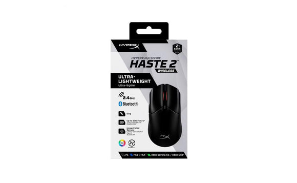 Souris gaming sans fil HyperX Pulsefire Haste 2, RF sans fil + Bluetooth, 26 000 DPI, éclairage RVB, noire