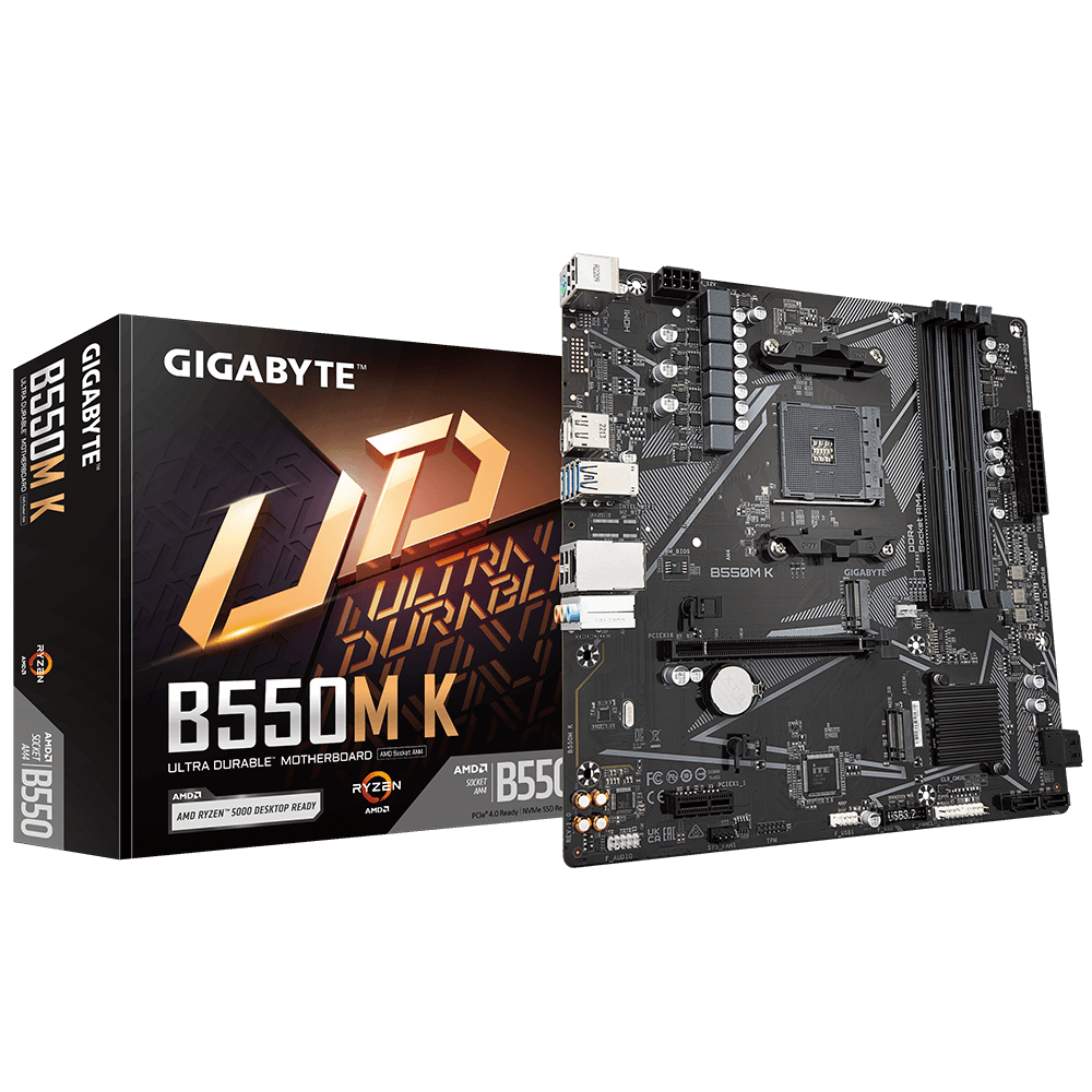 Gigabyte | B550M K 1.0 M/B | Famille de processeurs AMD | Socket de processeur AM4 | DDR4 DIMM | Emplacements mémoire : 4 | Interfaces de disque dur prises en charge : SATA, M.2 | Nombre de connecteurs SATA : 4 | Chipset AMD B550 | Micro ATX