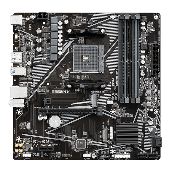 Gigabyte | B550M K 1.0 M/B | Processor family AMD | Processor socket AM4 | DDR4 DIMM | Memory slots 4 | Supported hard disk drive interfaces SATA, M.2 | Number of SATA connectors 4 | Chipset AMD B550 | Micro ATX