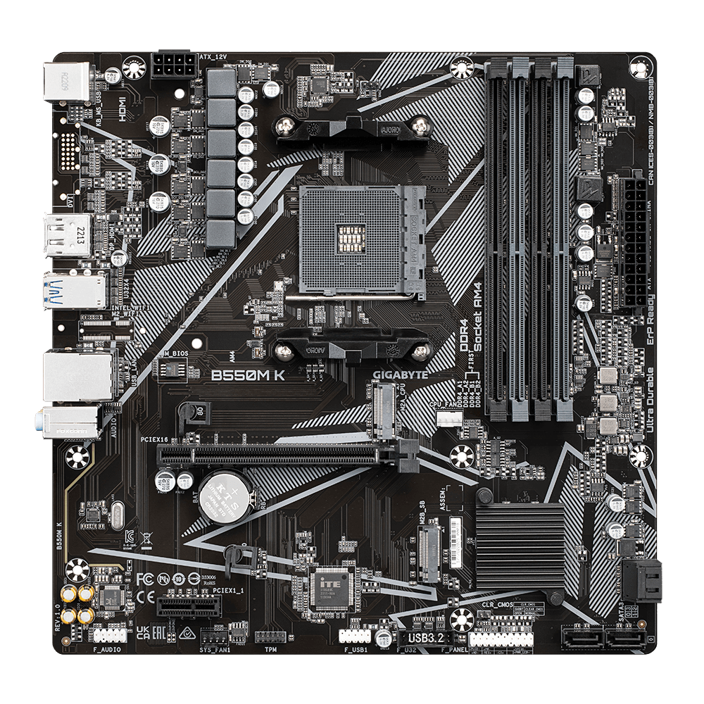 Gigabyte | B550M K 1.0 M/B | Famille de processeurs AMD | Socket de processeur AM4 | DDR4 DIMM | Emplacements mémoire : 4 | Interfaces de disque dur prises en charge : SATA, M.2 | Nombre de connecteurs SATA : 4 | Chipset AMD B550 | Micro ATX