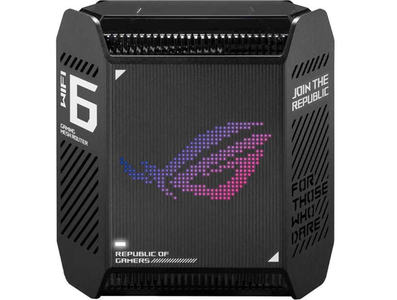 Wifi 6 802.11ax Tri-band Gigabit Gaming Mesh Router | GT6 ROG Rapture (1-Pack) | 802.11ax | 574+4804+4804 Mbit/s | 10/100/1000 Mbit/s | Ethernet LAN (RJ-45) ports 3 | Mesh Support Yes | MU-MiMO Yes | No mobile broadband | Antenna type Internal