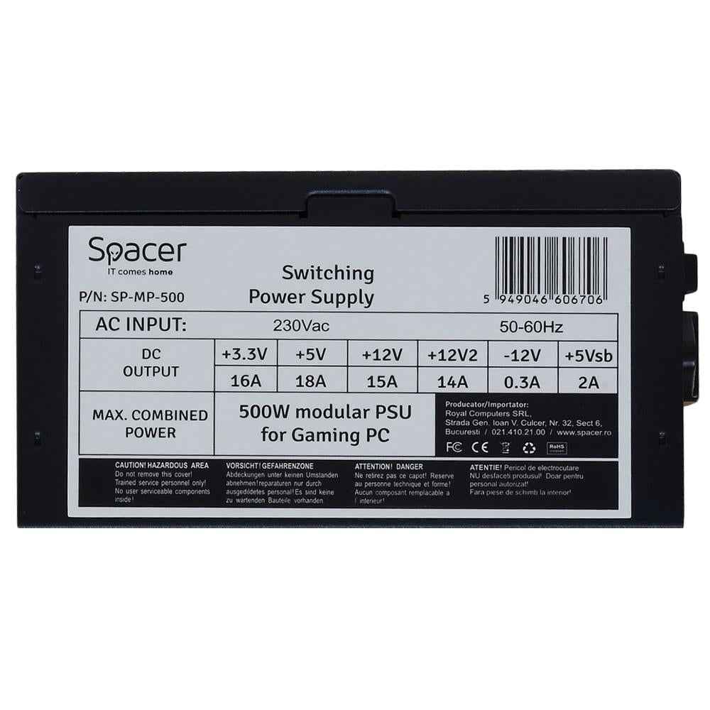 Bloc d'alimentation modulaire Spacer 500 (pour PC de jeu 500 W), ventilateur 120 mm, 1 x PCI-E (6+2), 3 x S-ATA, 1 x P8 (4+4), *vente au détail* « SP-MP-500 », (timbre vert 0,8 lei)