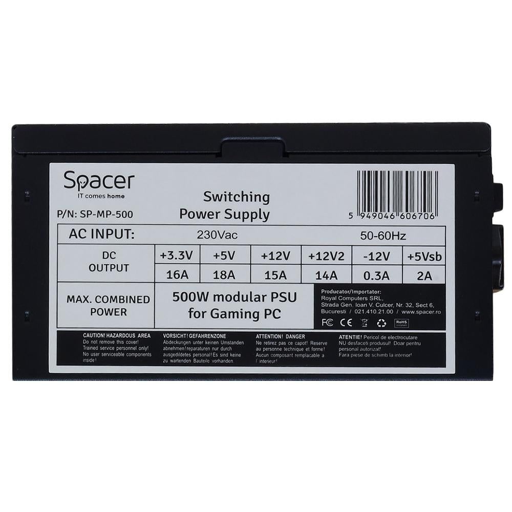 Bloc d'alimentation modulaire Spacer 500 (pour PC de jeu 500 W), ventilateur 120 mm, 1 x PCI-E (6+2), 3 x S-ATA, 1 x P8 (4+4), *vente au détail* « SP-MP-500 », (timbre vert 0,8 lei)