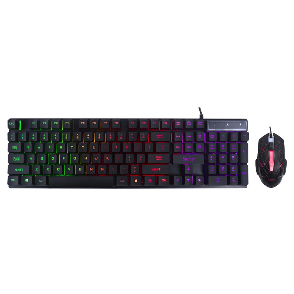 KIT gaming SPACER USB, clavier RGB arc-en-ciel + souris optique 7 couleurs, noir, « SP-GK-01 » (timbre vert 0,8 lb)