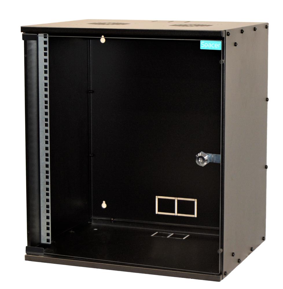 Armoire 19" 12U 515 x 400 mm, montage mural, démontable, noire, porte vitrée avec serrure, acier 1,5 mm, charge maximale 100 kg, « SPCW-12U-BK »