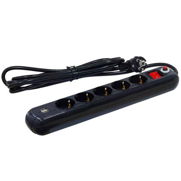 PRELUNGITOR SPACER, Schuko x 5, conectare prin Schuko (T), USB x 2, cablu 4.5 m, 16 A, max. 3500W, protectie supratensiune, Negru, "PP-5-45B-USB" (timbru verde 0.18 lei)