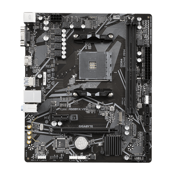 Gigabyte | A520M K V2 1.0 M/B | Processor family AMD | Processor socket AM4 | DDR4 DIMM | Memory slots 2 | Supported hard disk drive interfaces SATA, M.2 | Number of SATA connectors 4 | Chipset AMD A520 | Micro ATX