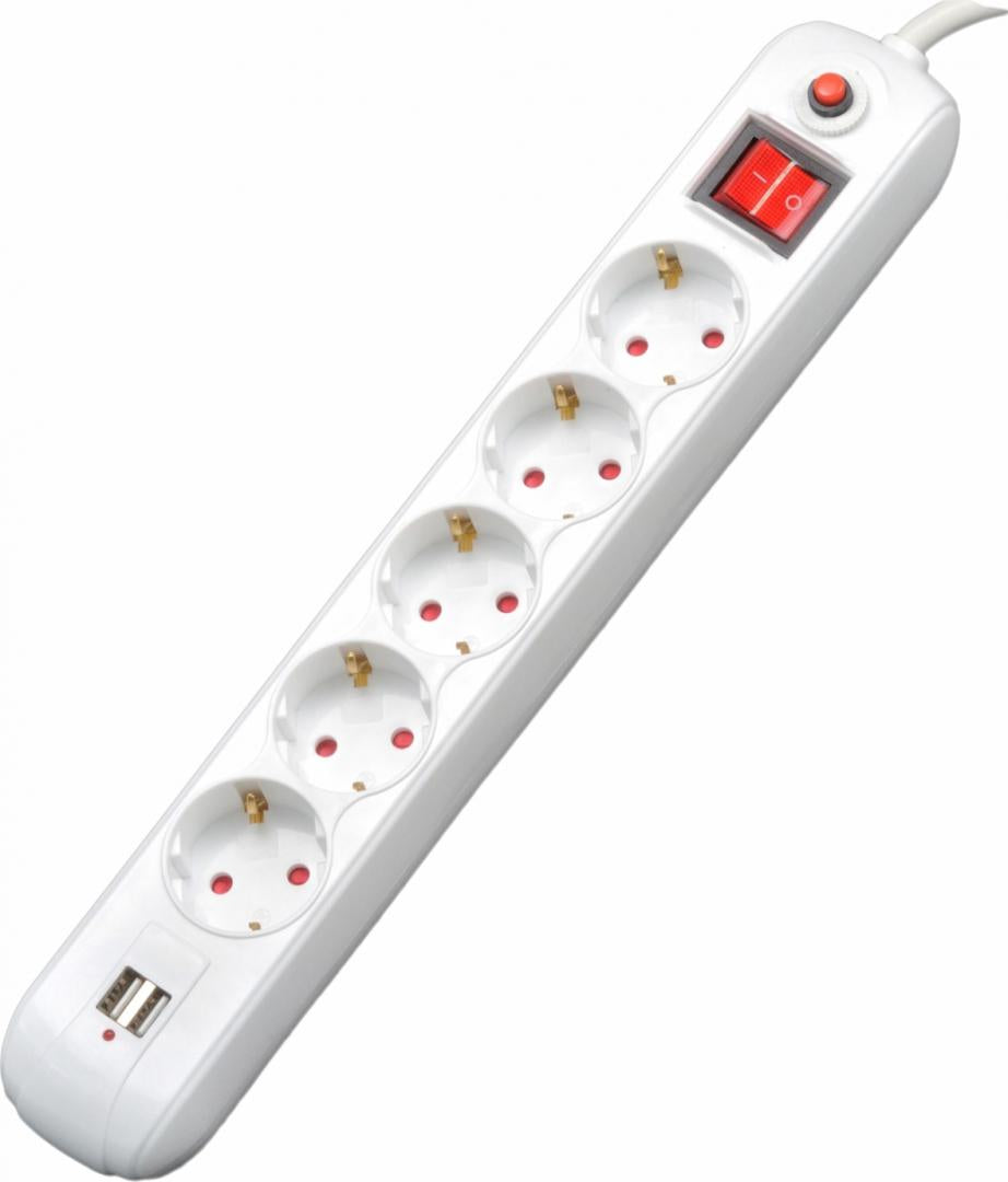 RALLONGE D'ENTRETOISE, Schuko x 5, connexion Schuko (T), USB x 2, câble de 1,8 m, 16 A, max. 3 500 W, protection contre les surtensions, blanc, 45506867 « PP-5-18 USB » (timbre vert 0,18 lei) - 0