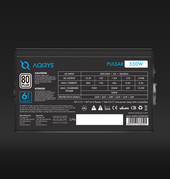 Alimentation certifiée aqirys pulsar 550w 80+ blanc