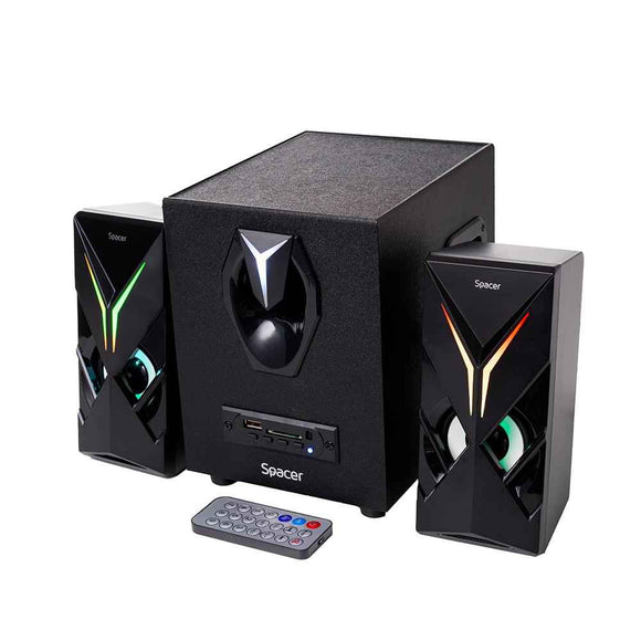 BOXE SPACER Gaming 2.1, RMS: 14W (2 x 3W + 8W), bluetooth, telecomanda wireless, control volum, bass, subwoofer lemn MDF, 220V alimentare, 3 x LED, USB/SD/AUX/radio FM, black, "SPGS-HURRICANE-BT" (timbru verde 2.00 lei)