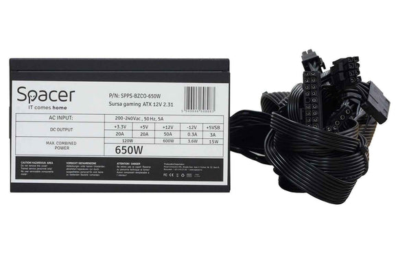 SURSA SPACER BZCO-650, compatible 80+ Bronze, 650 W, ventilateur 120 mm, 2x PCI-E (6+2), 6x S-ATA, 2x P8 (4+4), « SPPS-BZCO-650 », (tampon vert 2 lei)